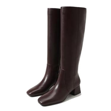 Imagem de MICIFA Botas de cano alto femininas salto grosso bico quadrado couro bota alta para mulheres salto baixo zíper lateral sapatos longos, Marrom, 37