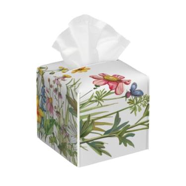 Imagem de Suporte quadrado de couro para caixa de lenços de papel, impermeável, planta, flor, borboleta, organizador de papel facial com cinto inferior, estojo de lenços para mesa, banheiro, escritório, mesa