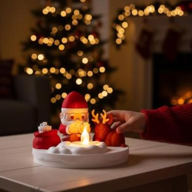 Imagem de Luminária Natalina Papai Noel com Vela LED Decoração Natal, Estatueta Iluminada com Rena, Branco e Vermelho