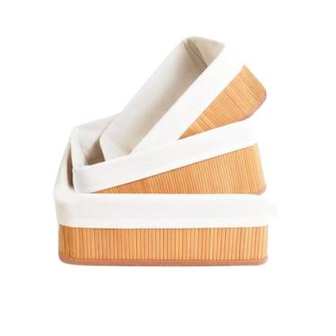 Imagem de Kit 3 Cestos Organizadores Premium, Armários Ideal Para Banheiros, Armação Resistente, Natural em Bambu com Forro em Linho Lavanderias Premium.