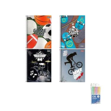 Imagem de Kit Caderno Universitário Vibe Masc Tilibra 10M 160F + Caneta Trigel Branca 12 Unidades + Marca Texto Pastel 6 Cores