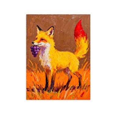 Imagem de Animais Pintura Arte Parede - Raposa carregando uvas - Impressões em tela - Moderno Colorida Pôster para decoração sala de estar 60x80cm Sem Moldura
