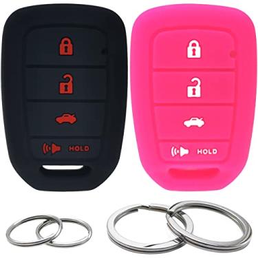 Imagem de GFDesign 2 peças de silicone com 4 botões para chave de controle remoto, capa protetora de borracha sem chave compatível com Honda Accord Civic Crosstour CR-V HR-V MLBHLIK6-1TA MLBHLIK6-1T (preto e rosa choque)