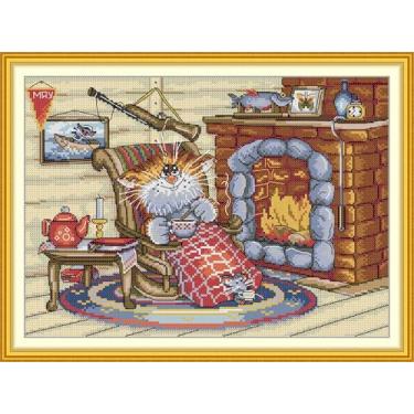 Imagem de CrossNest Kit de ponto cruz com contagem de animais de 14 quilates para iniciantes, conjunto completo de bordado DIY não impresso com padrão e ferramentas, pano Aida premium e fios (noite aconchegante