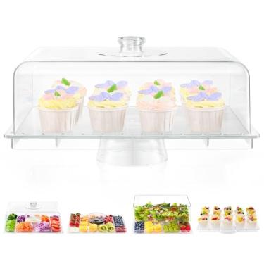 Imagem de Suporte de bolo com tampa - suporte retangular extra grande de 43 cm, conjunto de exibição de mesa de sobremesa multifuncional 8 em 1 e tábua de charcutaria, capa de cúpula de placa de bolo de