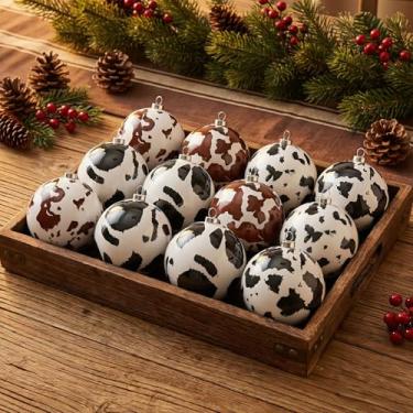 Imagem de Soulchen 12 peças de enfeites de bola de Natal estampados em couro bovino, 8,5 cm, enfeite de vaca para pendurar em casa de fazenda ocidental vintage, decoração rústica para árvore de Natal, festa de