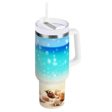 Imagem de Kigai Copo térmico de 1,134 g com alça, estrela do mar e conchas de praia com tampa e canudo, garrafa de água esportiva de metal grande, caneca de café de viagem de aço inoxidável
