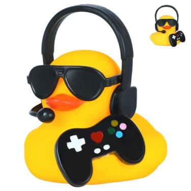 Imagem de FINEED Pato de borracha legal com gamepad preto e óculos de sol - Novidade decoração interior de carro para patinho de carro, decoração exclusiva com acessório de microfone para adultos, escritório e