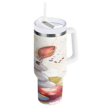 Imagem de STAYTOP Copo de ovos de Páscoa e coelhos fofos de 1,134 g com tampa e palha, copo isolado de aço inoxidável durável à prova de vazamento com alça, garrafas de água à prova de derramamento para viagens