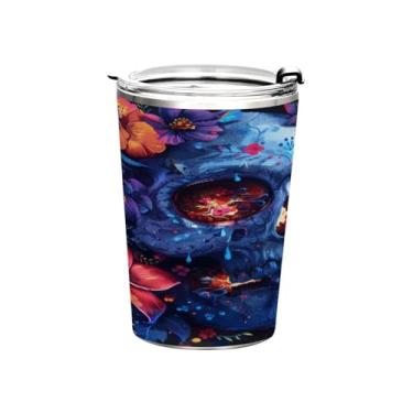 Imagem de STAYTOP Lindo copo de aço inoxidável de caveira de flor de 368 g, copo de café isolado com tampa e canudo, caneca de café de viagem de parede dupla para bebidas quentes e frias