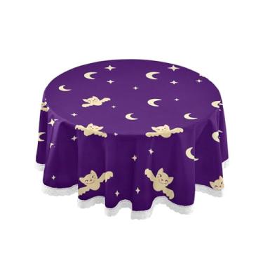 Imagem de Burbuja Toalha de mesa redonda com morcegos de cor creme, 152 cm, sem rugas, para cozinha, jantar, decoração de casa de fazenda, com acabamento em renda