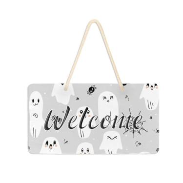 Imagem de Burbuja Boo on Placa de boas-vindas cinza para porta da frente, placa de boas-vindas de PVC para decoração de férias de casa de fazenda, 15 x 28 cm