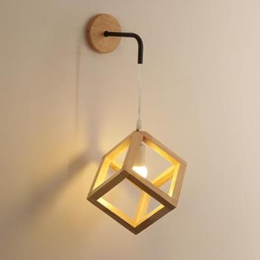 Imagem de Arandelas de parede estilo boho com fiação elétrica, luminárias de parede rústicas com cúpula de madeira, ideais para iluminação de parede em quartos, corredores e ambientes internos (cor ma