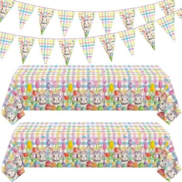 Imagem de Dvaorc Pacote com 4 toalhas de mesa de Páscoa e faixa para decoração de festa, toalha de mesa de festa de Páscoa, arco-íris, xadrez, coelhinho, coelhinho, búfalo, toalha de mesa, decorações de férias