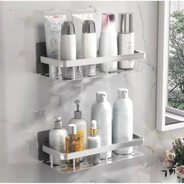 Imagem de Prateleira para banheiro sem furos — Rack de armazenamento para banheiro, fixado com adesivo de alta resistência, à prova d'água e à prova de ferrugem. (kit 2 retangular Prateado)