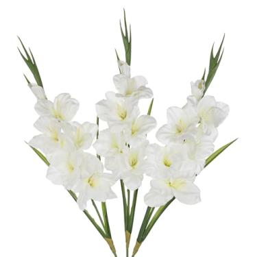 Imagem de Oairse Flores artificiais de gladíolo branco, 3 peças, flores de seda com caules, flores falsas brancas para vaso de primavera, verão, flores falsas, enchimentos para centros de mesa, casamento