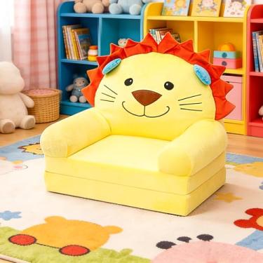 Imagem de DJAPWPX Sofá infantil, cadeira de sofá dobrável, confortável com enchimento de espuma, poltrona de leitura infantil, sofá conversível para relaxar para crianças de 1 a 4 anos (leão amarelo)