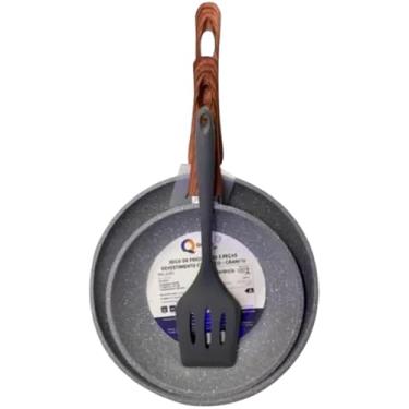 Imagem de Jogo de 2 Frigideiras Antiaderentes com Espátula de Silicone, Revestimento Cerâmico, 24cm e 20cm, Cinza, Cabo Ergonômico, Compatível com Fogão a Gás, Elétrico, Indução
