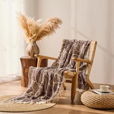 Imagem de DOWN HOME Cobertor Boho para sofá, cobertor leve de algodão chenille para cama, sofá, cadeira, sala de estar, ao ar livre, macio, aconchegante, decoração de casa, com borla, presente, folhas marrons
