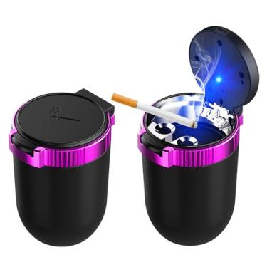 Imagem de Ohleats 2 peças cinzeiro de carro com tampa, bandeja de cinzeiro removível de aço inoxidável com luz azul LED, mini suporte de copo de veículo portátil lata de lixo à prova de cheiro, acessórios