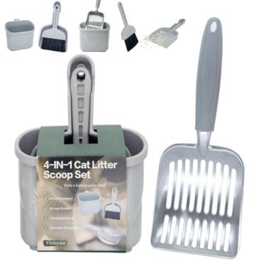 Imagem de Vitisyao Colher de areia para gatos 4 em 1 com suporte, kit de limpeza organizador de caixa de areia para gatos - vassoura e pá de lixo, colher de areia de alumínio para gatos e organizador de