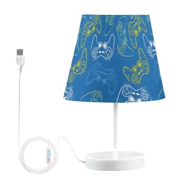 Imagem de Lâmpada com padrão de joysticks azuis para mesa de cabeceira de quarto com abajur moderno de linho, luminária de mesa regulável