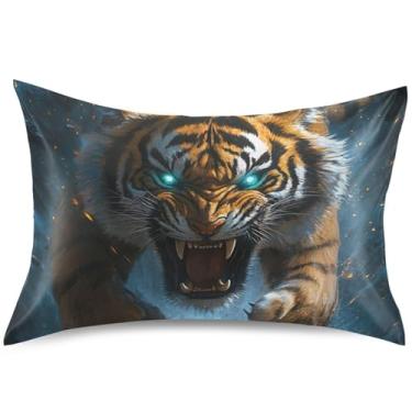 Imagem de Capas de almofada de cetim com estampa de tigre feroz para resfriamento de cabelo, capas de travesseiro decorativas padrão King Queen, tamanho Queen, 76 cm x 50 cm