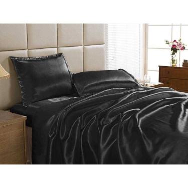 Imagem de Jogo Lençol Solteiro Cetim Seda Preto Com Vira 3 Peças