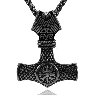 Imagem de Oaldilee Colar de martelo Thor para homens, bússola de martelo de aço inoxidável 18K, ouro, preto, pingente Mjolnir, amuleto poderoso, joia Noridc, presente para amantes vikings, caixa de presente,