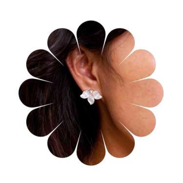 Imagem de Aneneiceera Brincos vintage de pérola de folha esmaltada, pétalas brancas, brincos de folha de pérola, brincos de acrílico meia flor, joias femininas, Zinco, nah