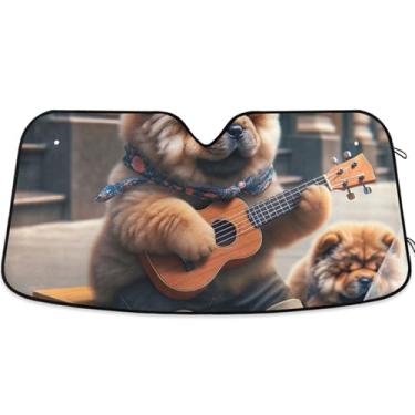 Imagem de Guarda-sol personalizado para cachorrinhos Ukulele Chow Chow Dog para para-brisas de carro persianas dobráveis para janelas dianteiras florais automotivas S, 134,6 cm x 59,7 cm