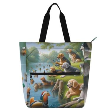 Imagem de GAIGEO Bolsa de trabalho feminina engraçada para pesca de cães, bolsa de lona para praia, com zíper, bolsa infantil fofa com compartimentos