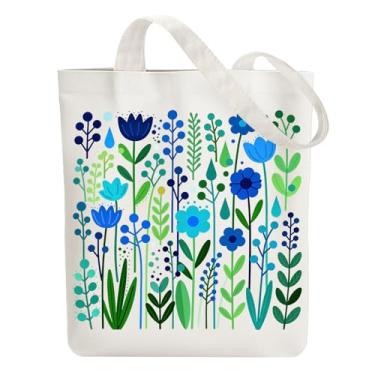 Imagem de ANATTASOUL Sacola de lona com flores abstratas reutilizável bolsa de algodão para mulheres, bolsa de ombro de tecido durável com bolsos com zíper para compras, férias, trabalho, academia