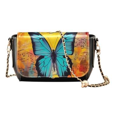 Imagem de GAIGEO Aquarela verde folhas e ramos bolsas transversais de couro, bolsas transversais para mulheres, bolsa feminina de couro, Borboleta azul na folha de música-4, One Size