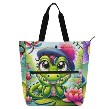 Imagem de Sacolas femininas divertidas de trabalho de jacaré de desenho animado para mulheres, bolsa escolar de lona, utilitária, bolsas infantis, para amantes de livros, presentes