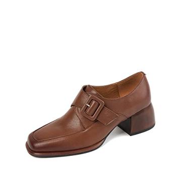 Imagem de TinaCus Mocassim feminino de couro legítimo feito à mão com fivela baixa e salto grosso retrô, Marrom, 36