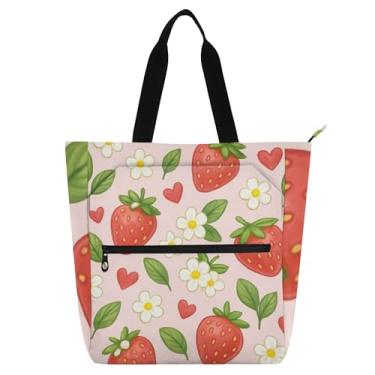 Imagem de GAIGEO Linda bolsa de trabalho feminina rosa de morangos, bolsa escolar de lona com zíper, presente de escritório para amantes de livros