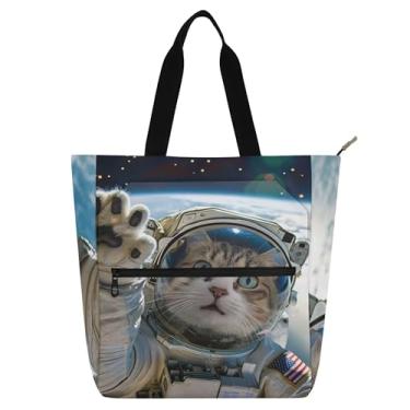 Imagem de Linda bolsa de trabalho feminina com astronauta de gato, bolsa escolar de lona com zíper, bolsas de escritório, presentes para amantes de livros