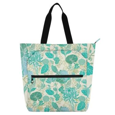 Imagem de GAIGEO Sacola vintage azul-petróleo floral folhas verdes para mulheres, trabalho, lona, praia, escola, bolsa de tecido, para amantes de livros