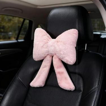 Imagem de UINSUE Almofada de pescoço de carro com laço de pelúcia para encosto de cabeça de carro confortável suporte de pescoço para dirigir tecido de toque macio almofada de carro decoração interior fofa