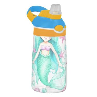 Imagem de Garrafa de água fofa estrela do mar sereia turquesa infantil 473 ml garrafa de água de plástico portátil com tampa de canudo 473 ml Tritan à prova de vazamento copos de viagem para crianças