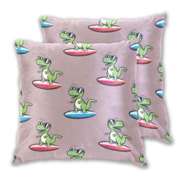 Imagem de Joitme Cartoonish Rex Surfboard Brown Conjunto de 2 fronhas fofas para decoração de sala de estar, 50 x 50 cm, 2 peças