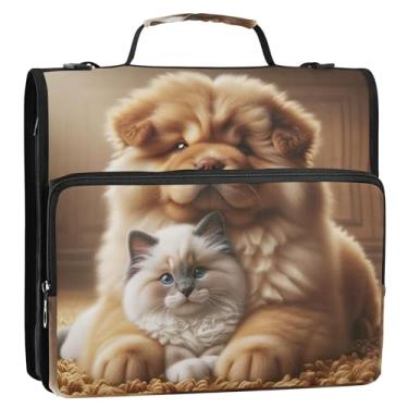 Imagem de Organizador de fichário com zíper, cachorro chow chow, gatinho fofo, 3,8 cm, fichários de trabalho com alça para escola, bolsa de armazenamento com alça