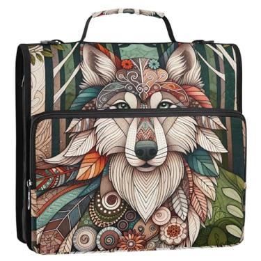 Imagem de Fichário Boho Wolf Floral com 3 anéis, anel D de 3 cm, fichário organizador com zíper com alça de ombro para carteira de impressão escolar e suporte de pasta de anel
