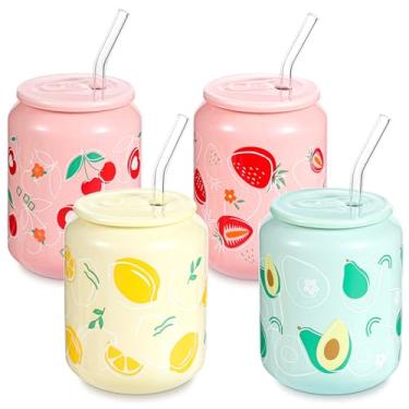 Imagem de Pacote com 4 canecas de café fofas com tampa e canudo, copos de cerâmica com padrão de frutas de 400 ml, canecas artesanais de morango limão cereja abacate para escritório, casa, presentes de Natal