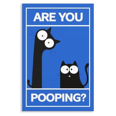 Imagem de Xianyojafa Arte de parede em tela Are You Pooping, pôster engraçado de banheiro de gato preto, impressão de citações de banheiro de banheiro, imagem de animal atrevido azul ousado para banheiro quarto