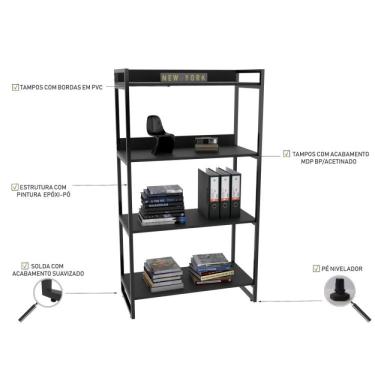 Imagem de Estante Multiuso 146cmx80cm com 4 Prateleiras Kuadra Compace Preto Onix