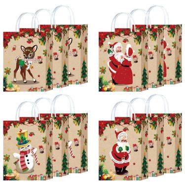 Imagem de Sacola de presente de Natal, papel Kraft, pacote com 10, 22x16x8cm com alças