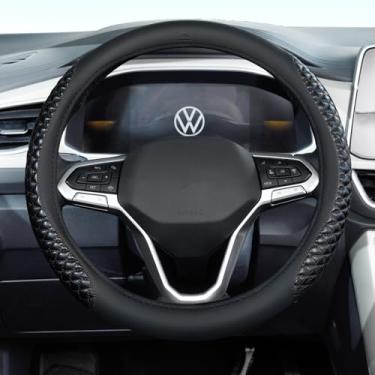 Imagem de Capa de volante de carro, capas de volante pretas de couro napa, universal de 35 a 38 cm, antiderrapante, protetor de volante respirável para mulheres e homens