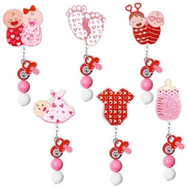 Imagem de BkeeCten Carretel de crachá de bebê dos namorados – 6 peças de porta-identidade retrátil com tema de bebê fofo com cordão de 60 cm e clipe de metal giratório de 360° para enfermeiros, funcionários da
